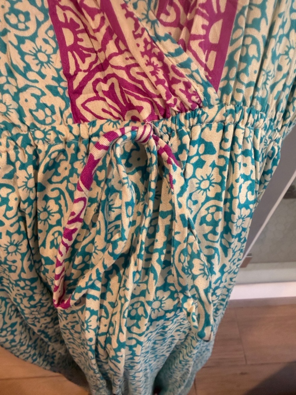 Floral Teal Maxi Dress with Pink Trim and Tie Waist - Picture 5 of 9